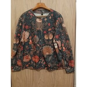 Women's Micro Couduroy Button Front Jacket Detailed With Floral And Owl Print...